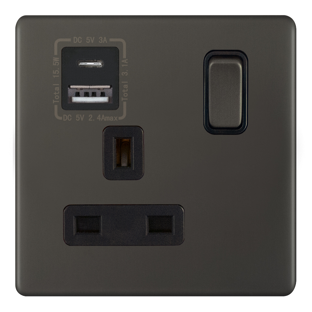 5MPLUS-12-88 1 Gang 13 Amp Socket with 1 x USB Type C & 1 x USB Type A Port (3.1A)