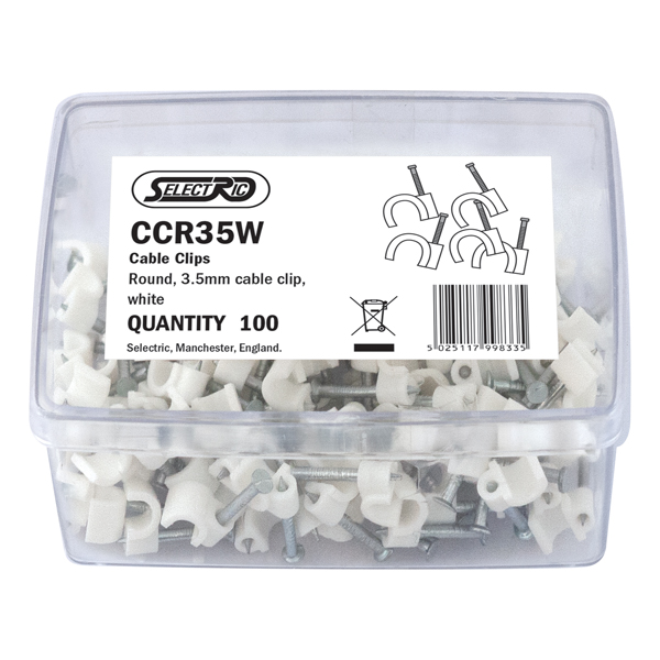 CCR35W 3.5mm Round Cable Clips – 100 Clips – White – Selectric UK